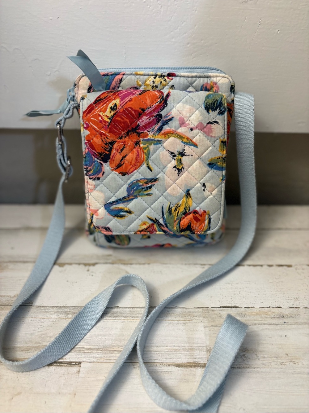 Vera Bradley Quilted Crossbody - Light Blue with Orange Floral Print